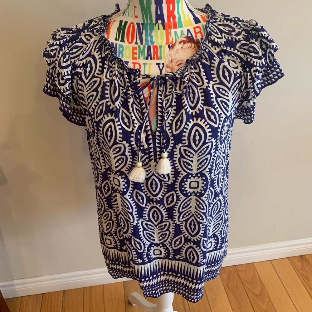 Rose & Olive Navy and White Printed  Boho Peasant Tunic